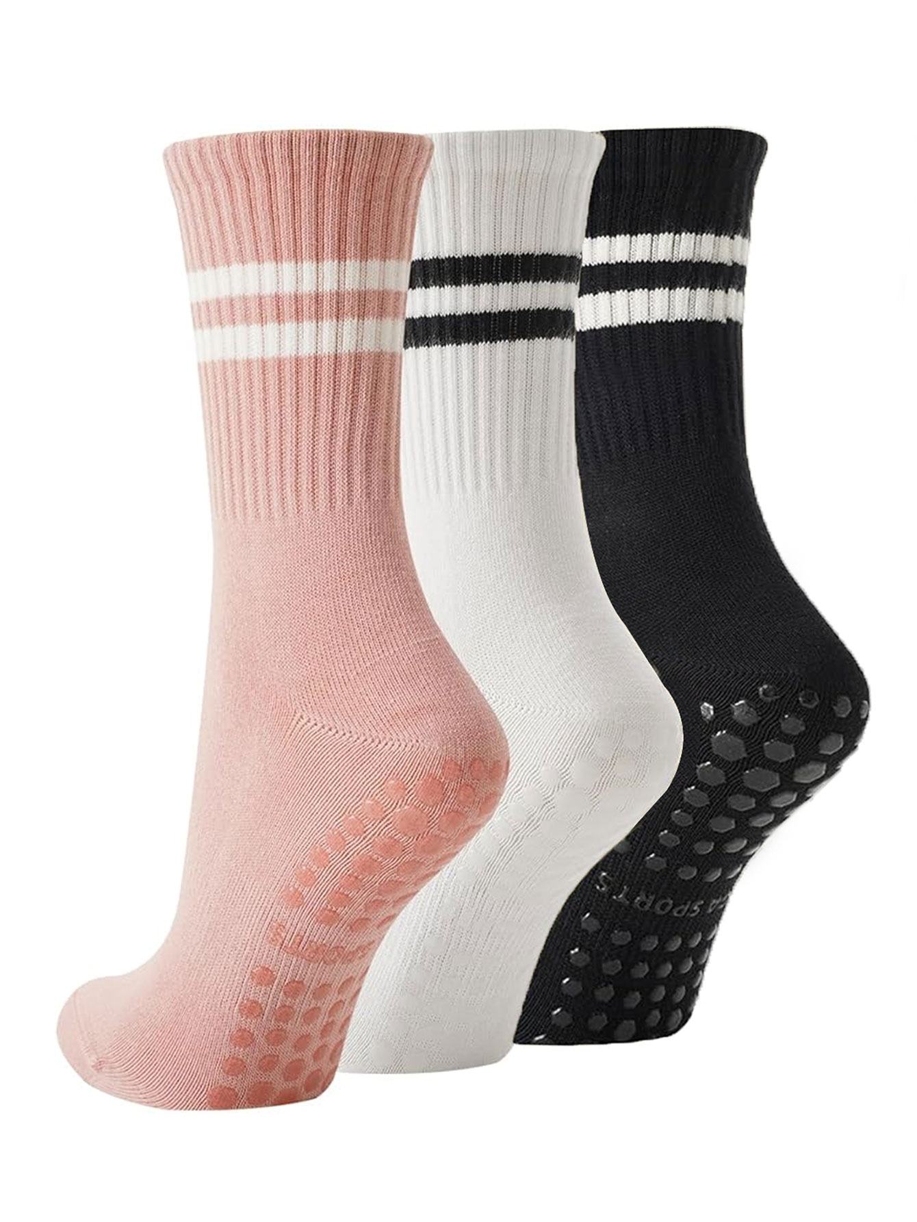 Grip Sock Yoga - 3足組のヨガソックス、滑り止め付きプロフェッショナル女性用ピラティス厚手スポーツフィットネスランニング縄跳び用滑り止めソックス、室内フィットネスソックス