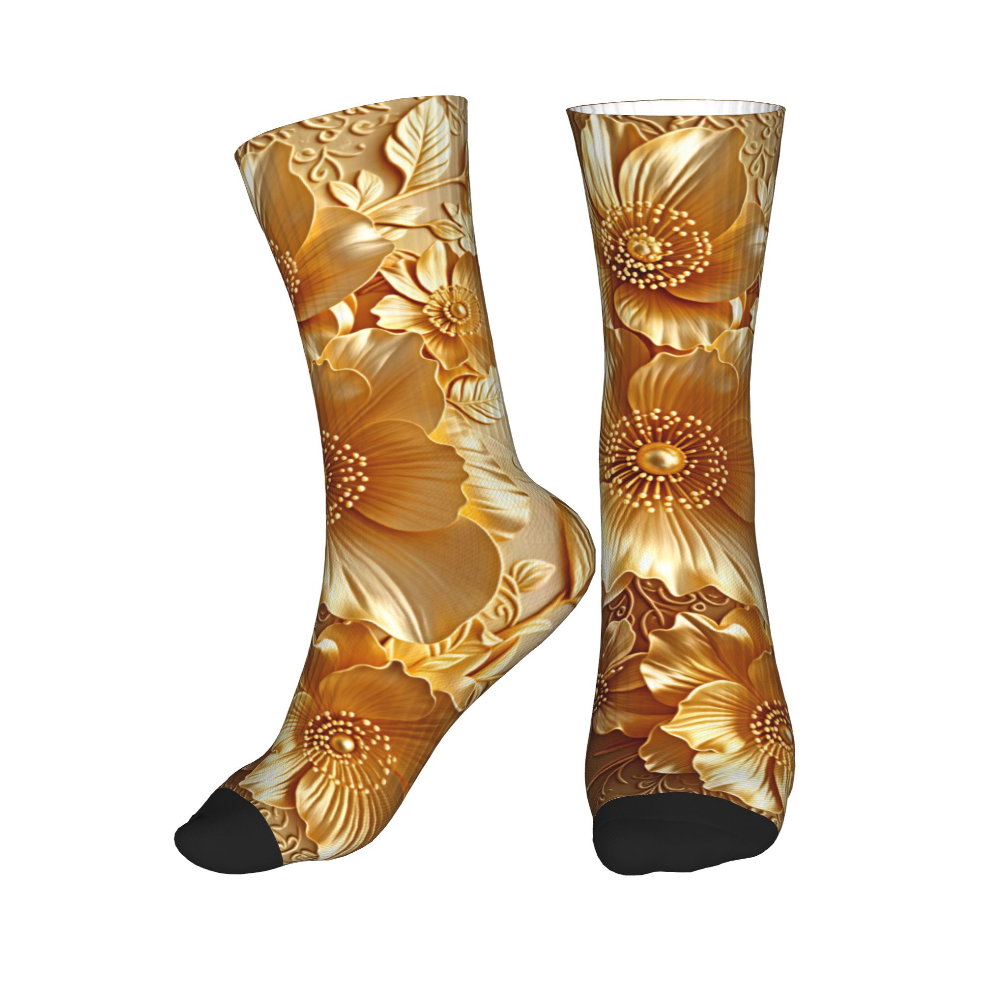Dress Sock Men - 3D エンボス加工ゴールデンフローラルシームレスプリントドレスソックスメンズレディース暖かいファッションノベルティクルーソックス